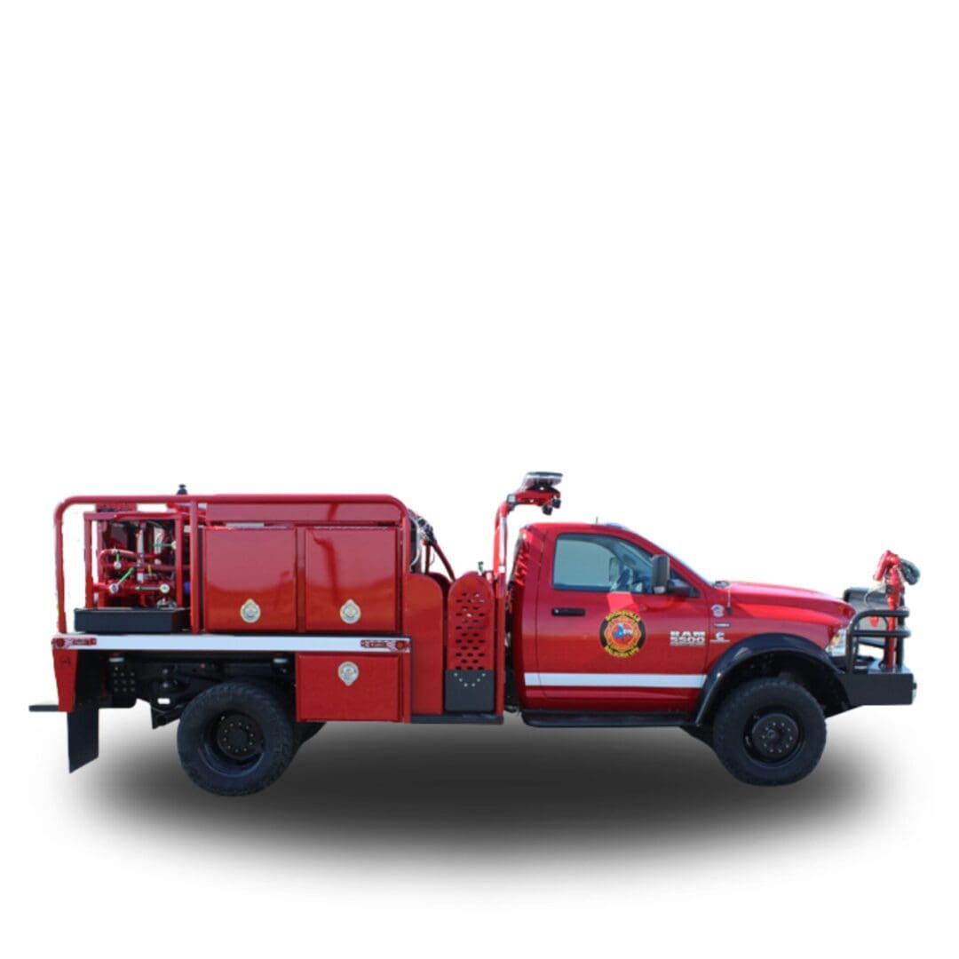 Red fire truck with hoses and equipment.