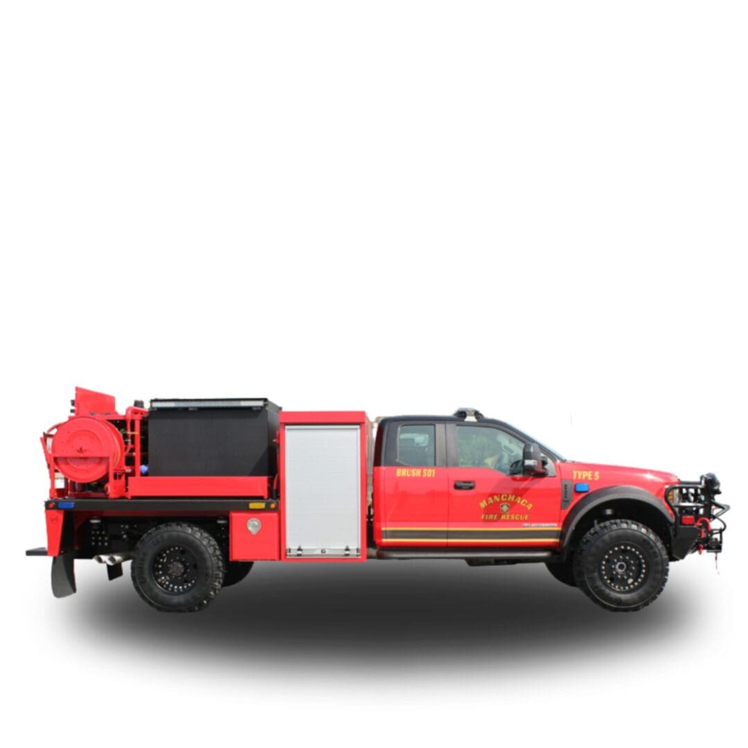 Red fire truck with hoses and tank.