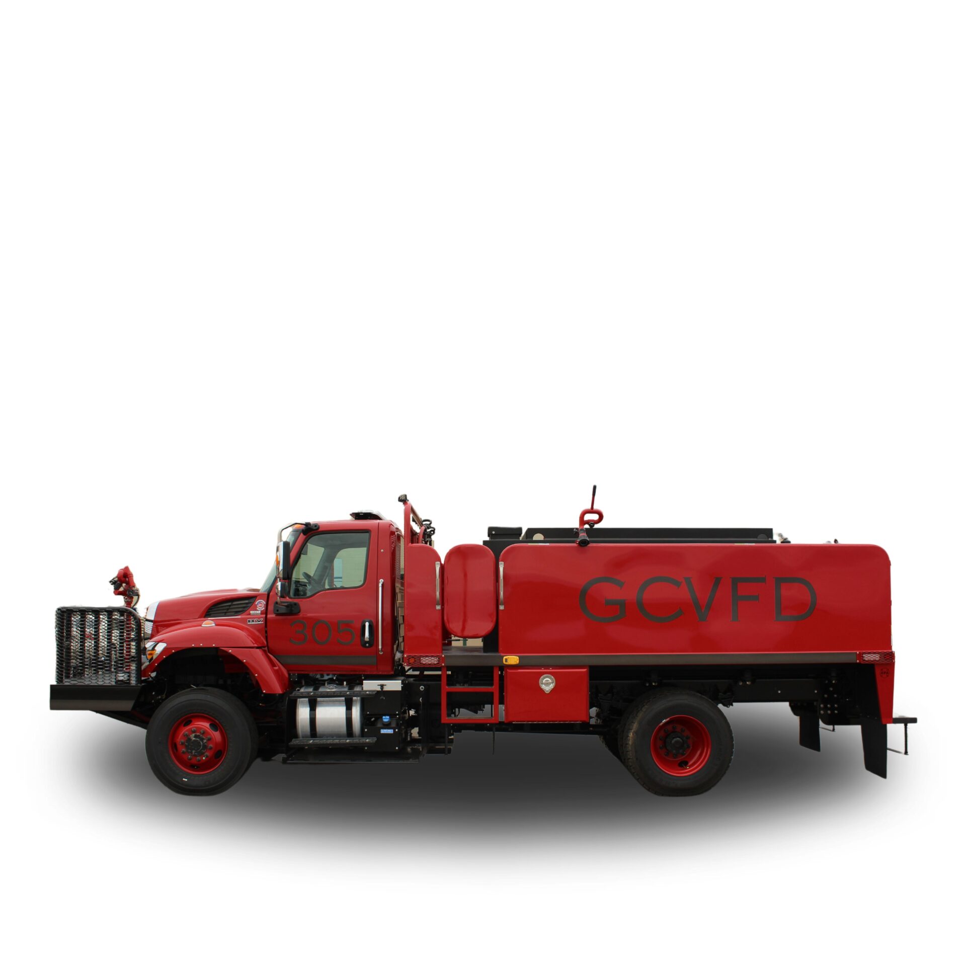 Red fire truck with GC VFD logo.