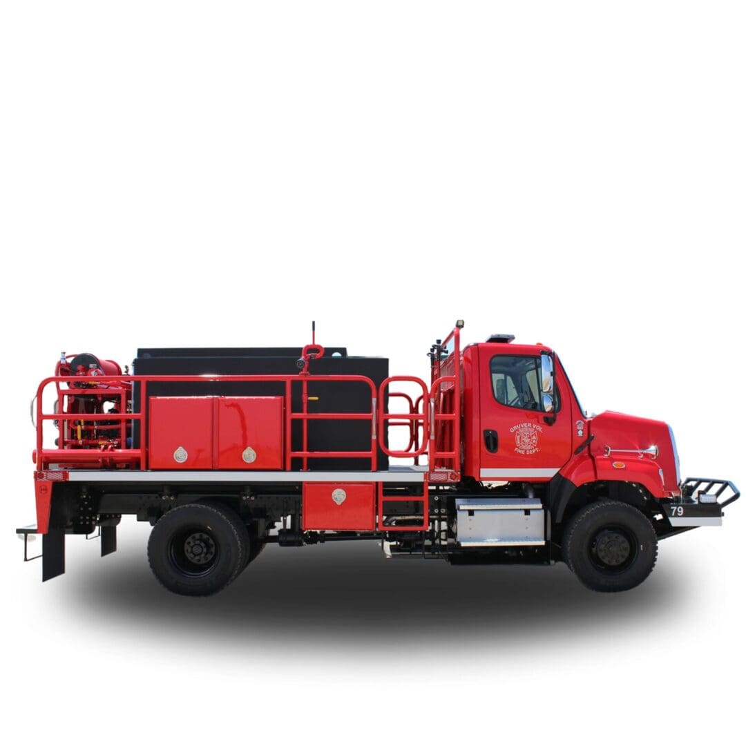 Red fire truck with ladder and tank.