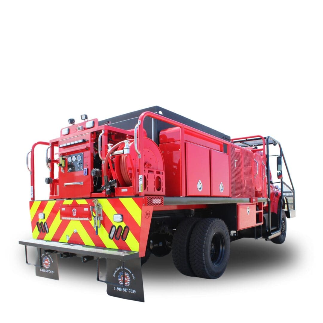 Red fire truck with hose reel.