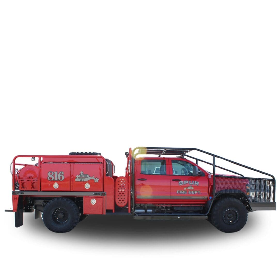 Red fire truck with Spur Fire Department logo.