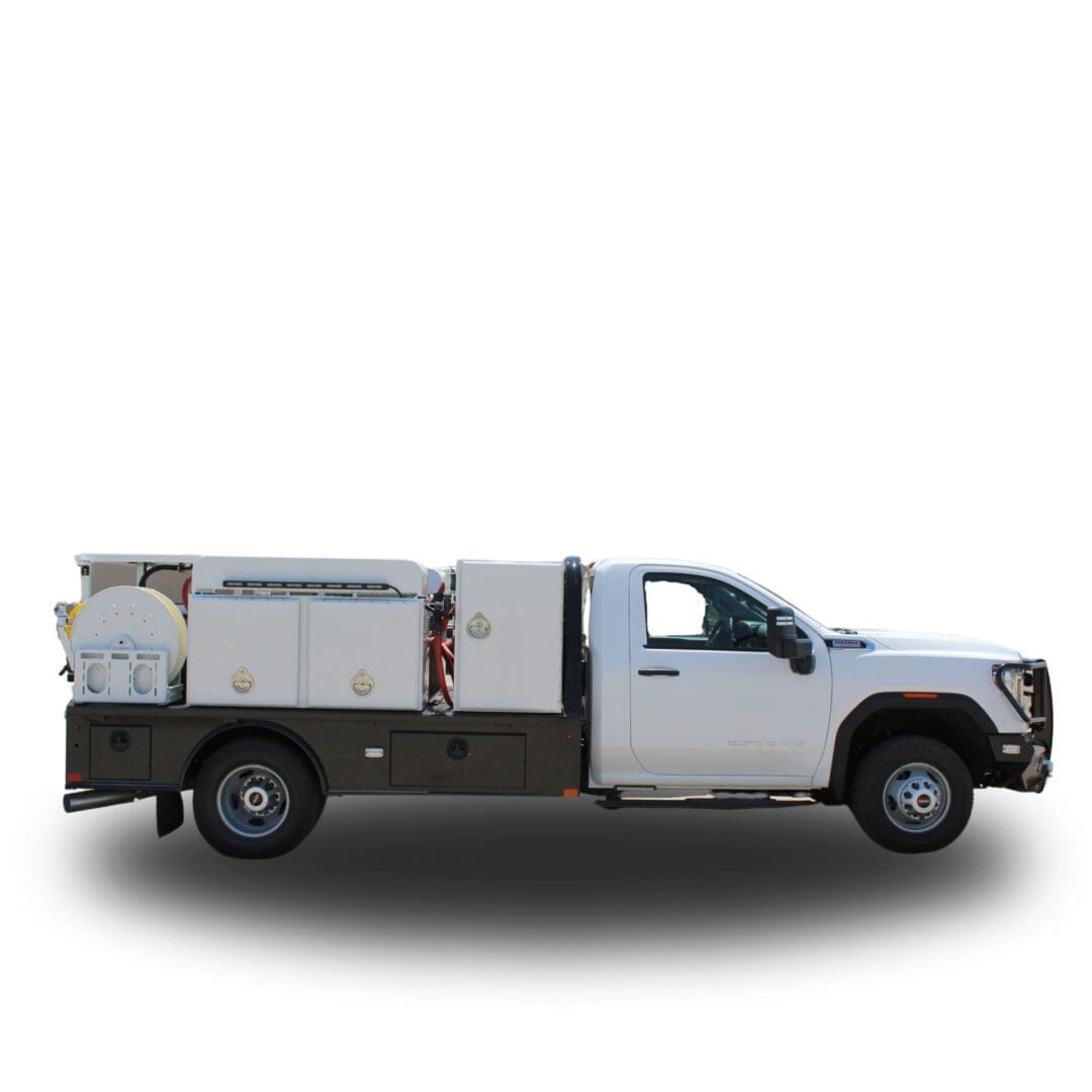 White utility truck with side boxes.