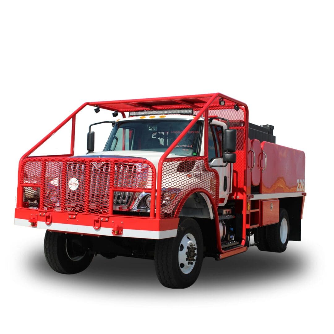 Red fire truck with cage and white trim.