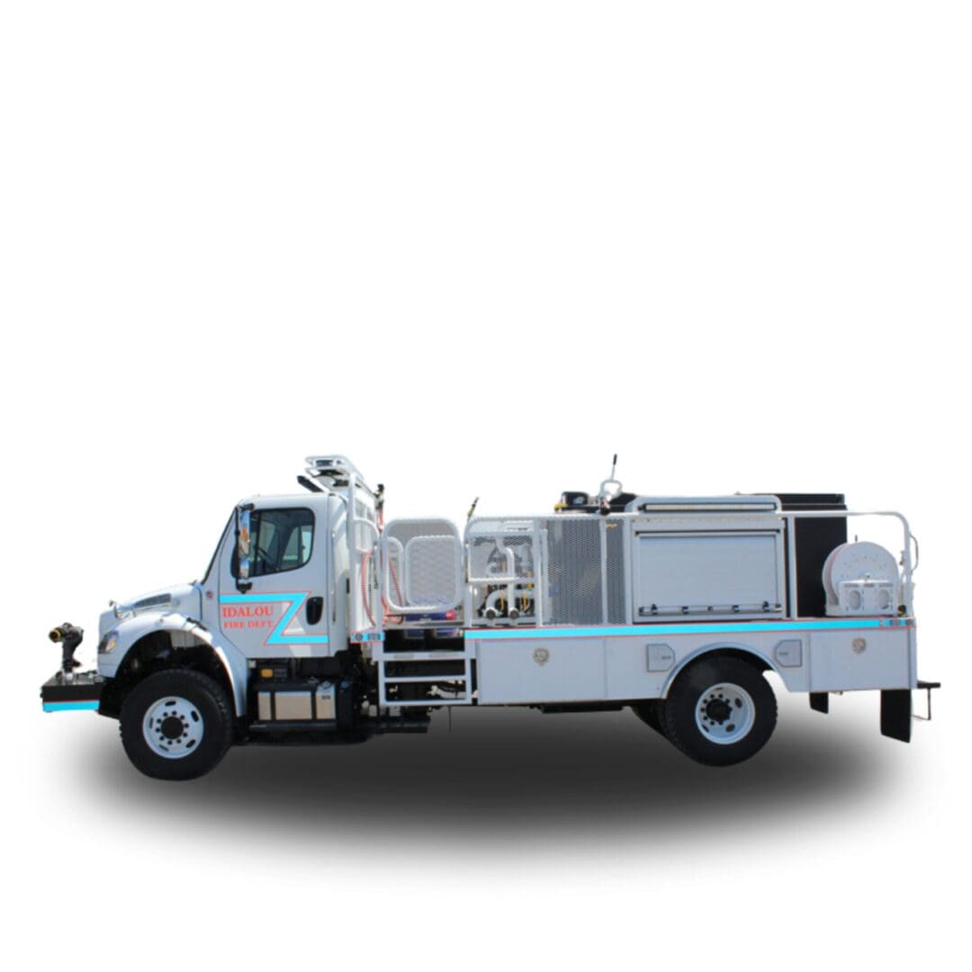 White fire truck with blue trim.