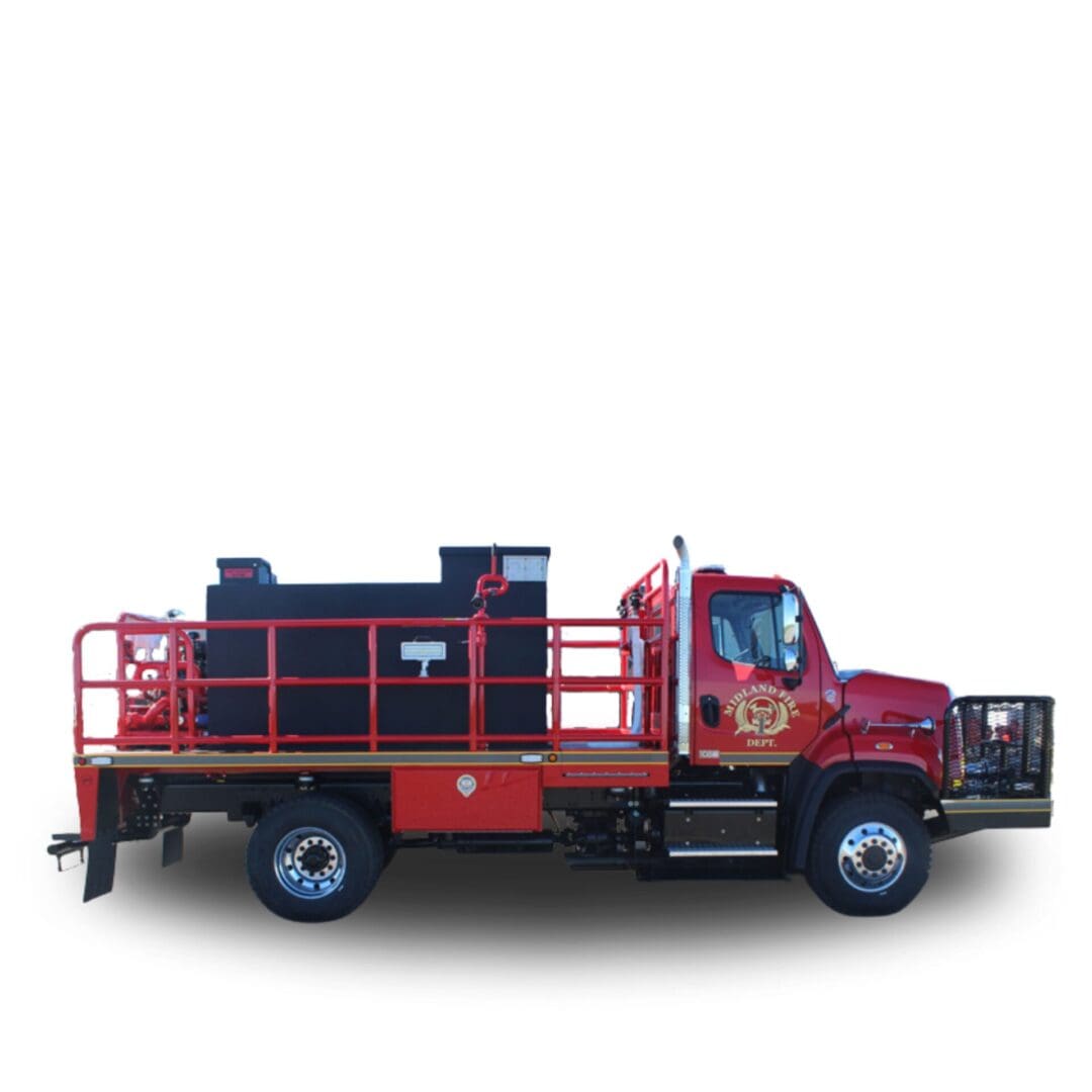 Red fire truck with water tank.