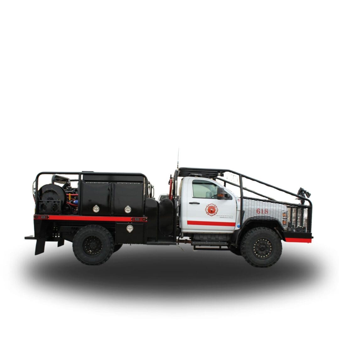 White and black fire truck with red accents.