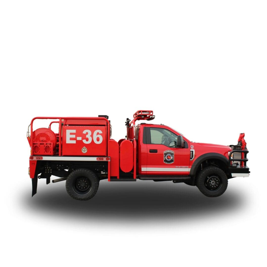 Red fire truck with E-36 on side.