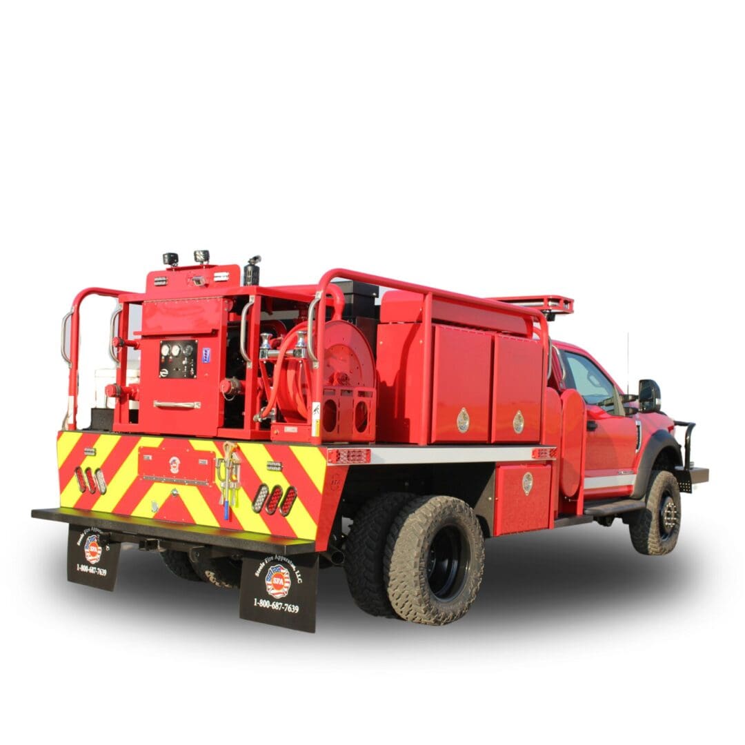 Red fire truck with hose reel and tank.