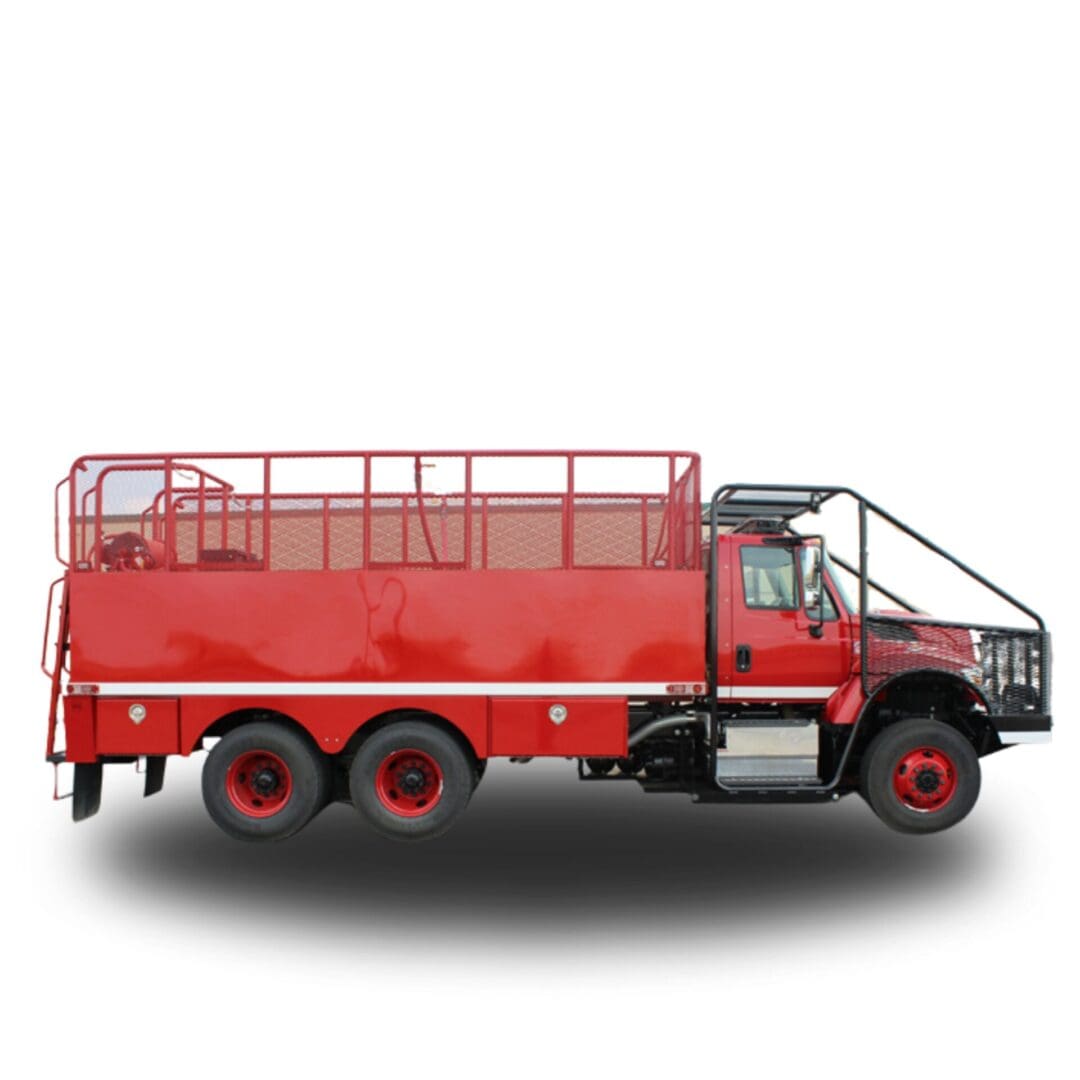 Red flatbed truck with caged sides.