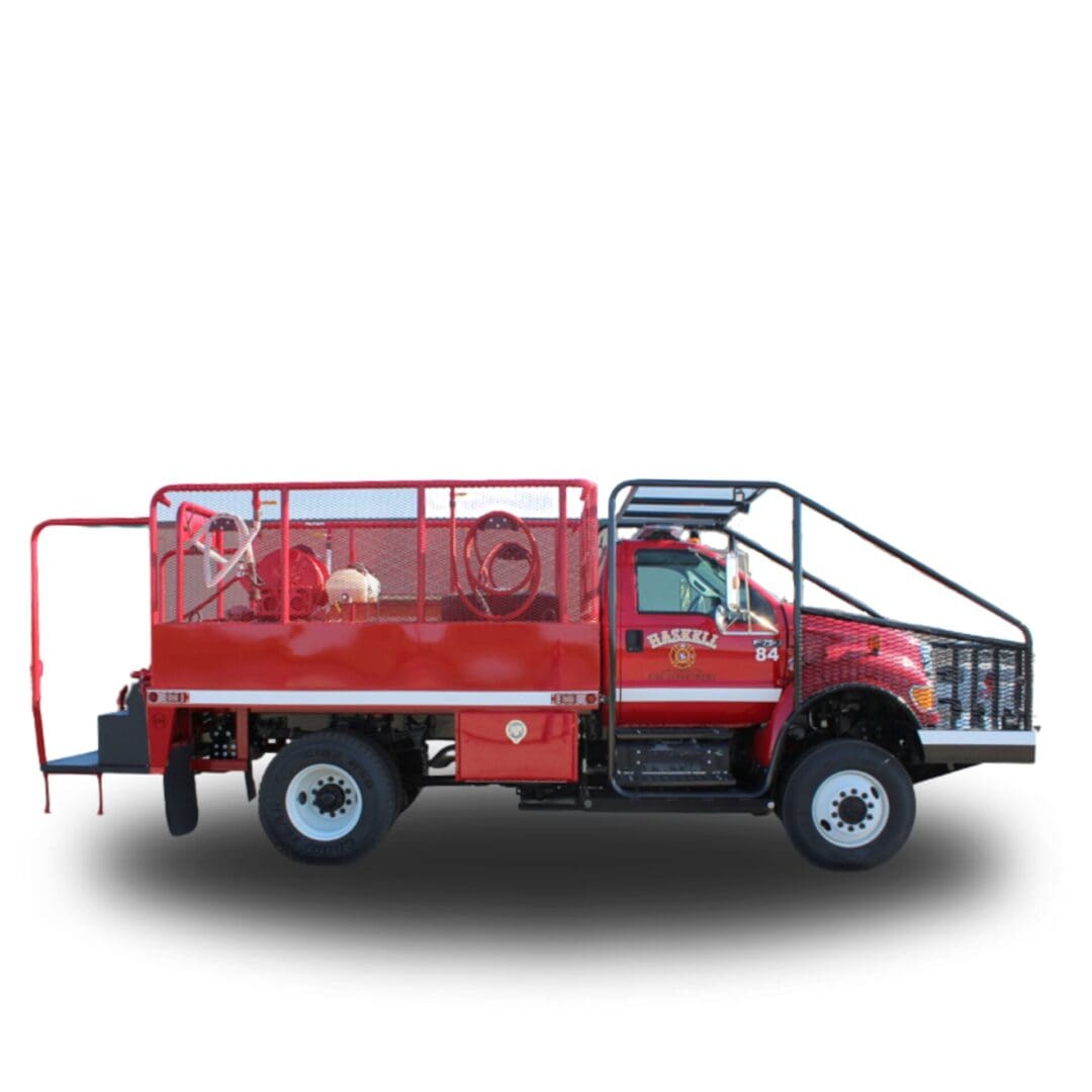 Red fire truck with a cage on the back.