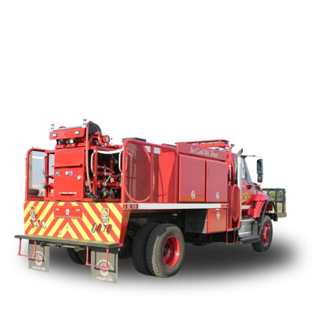 Red fire truck with water tank.