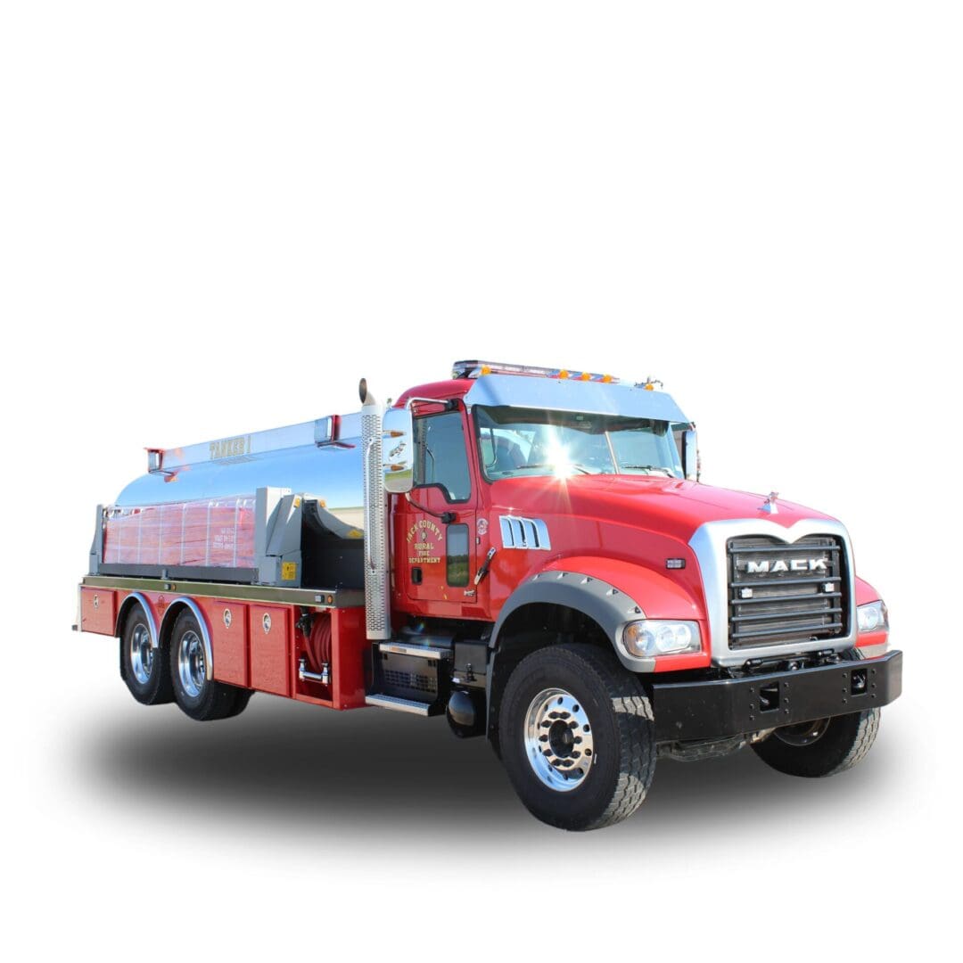 Red Mack fire truck with water tank.