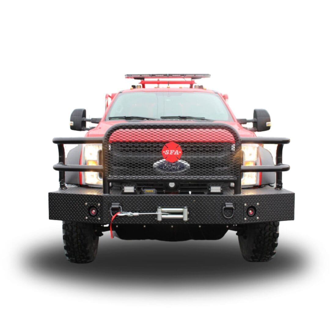 Red fire truck with a bumper and winch.