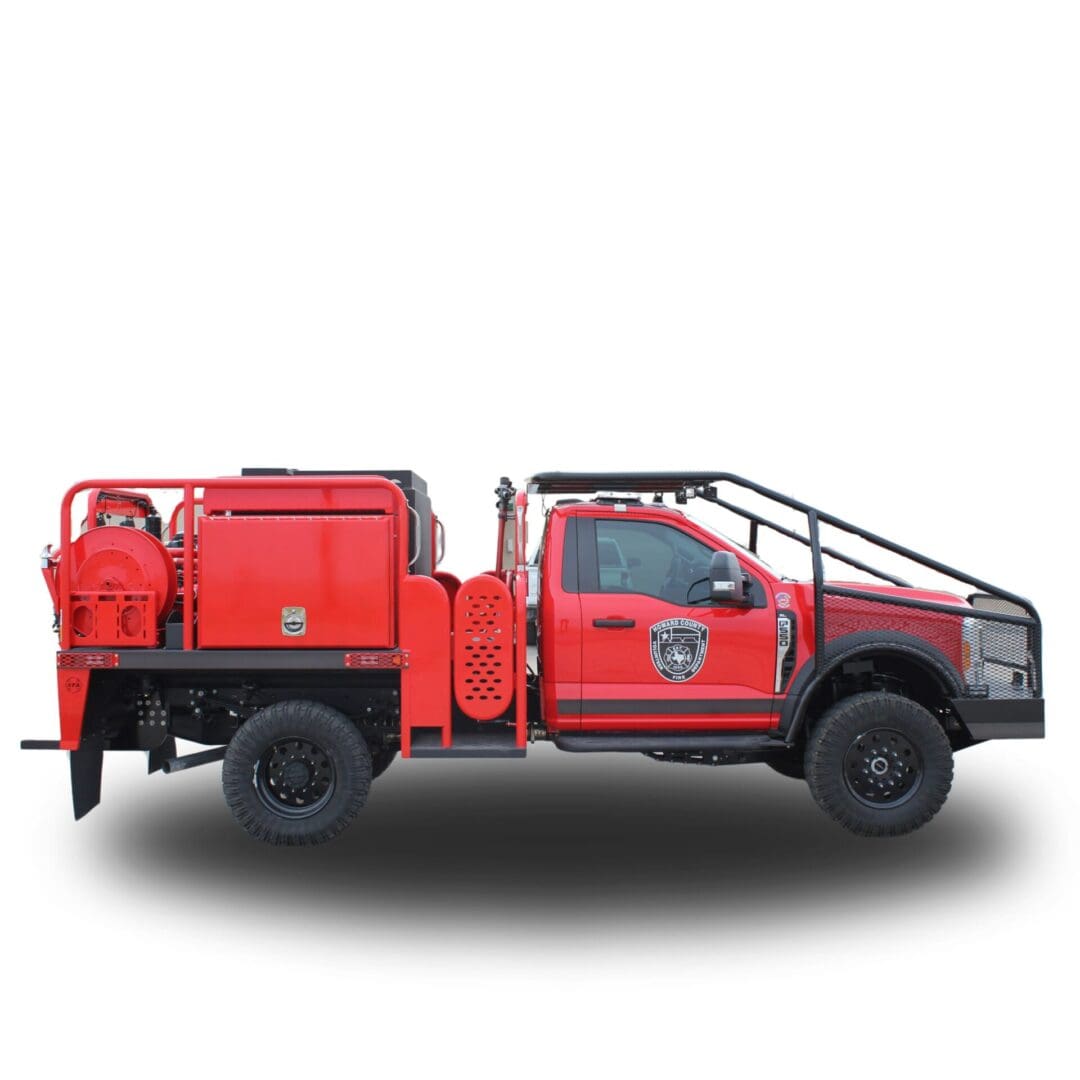 Red fire truck with black cage.