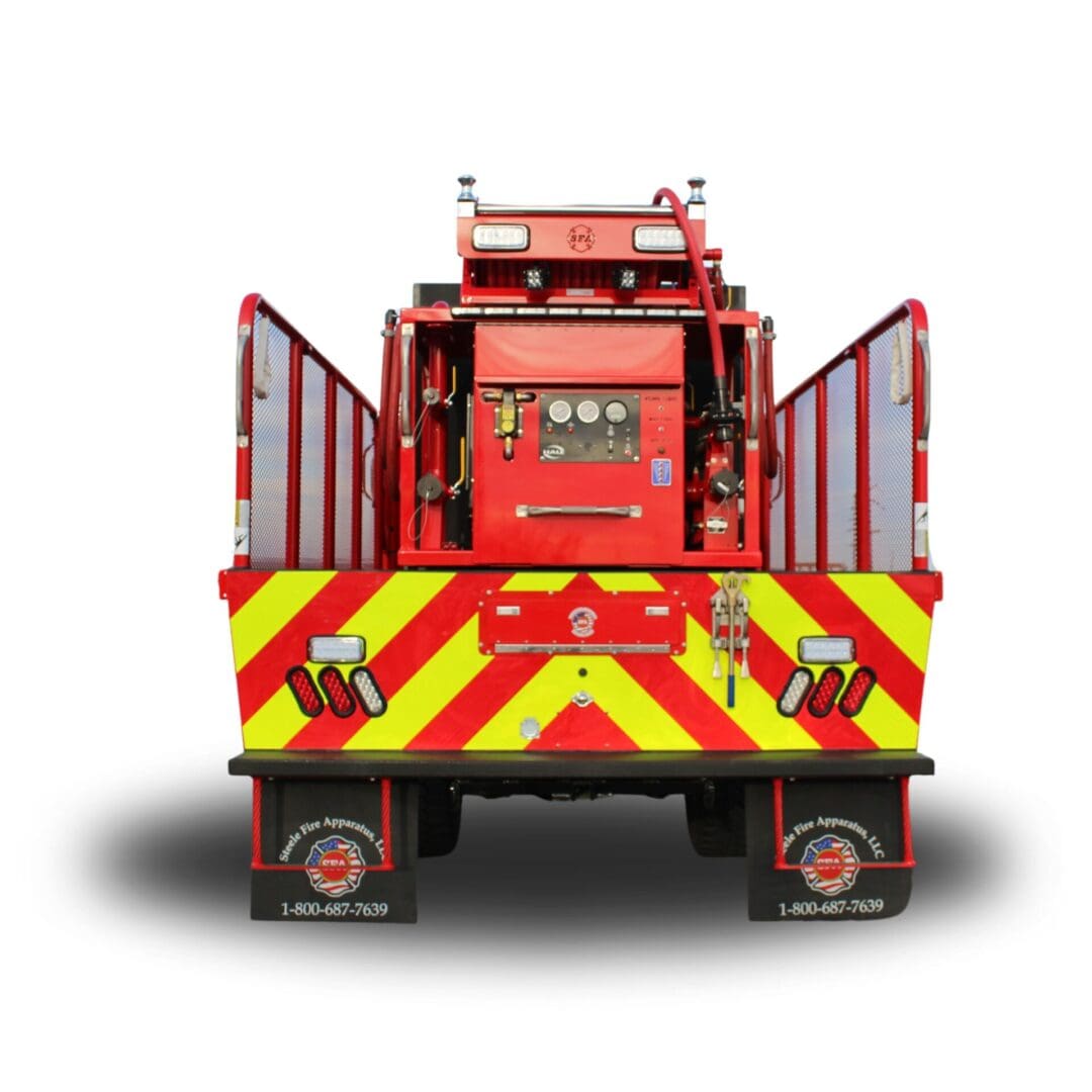 Rear view of a red fire truck.