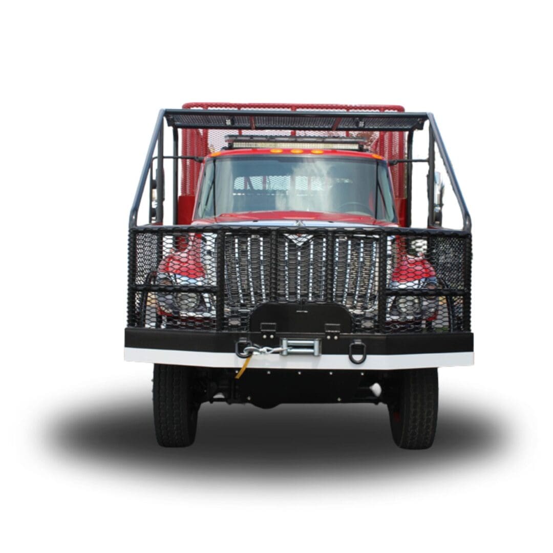 Red truck with black steel cage.