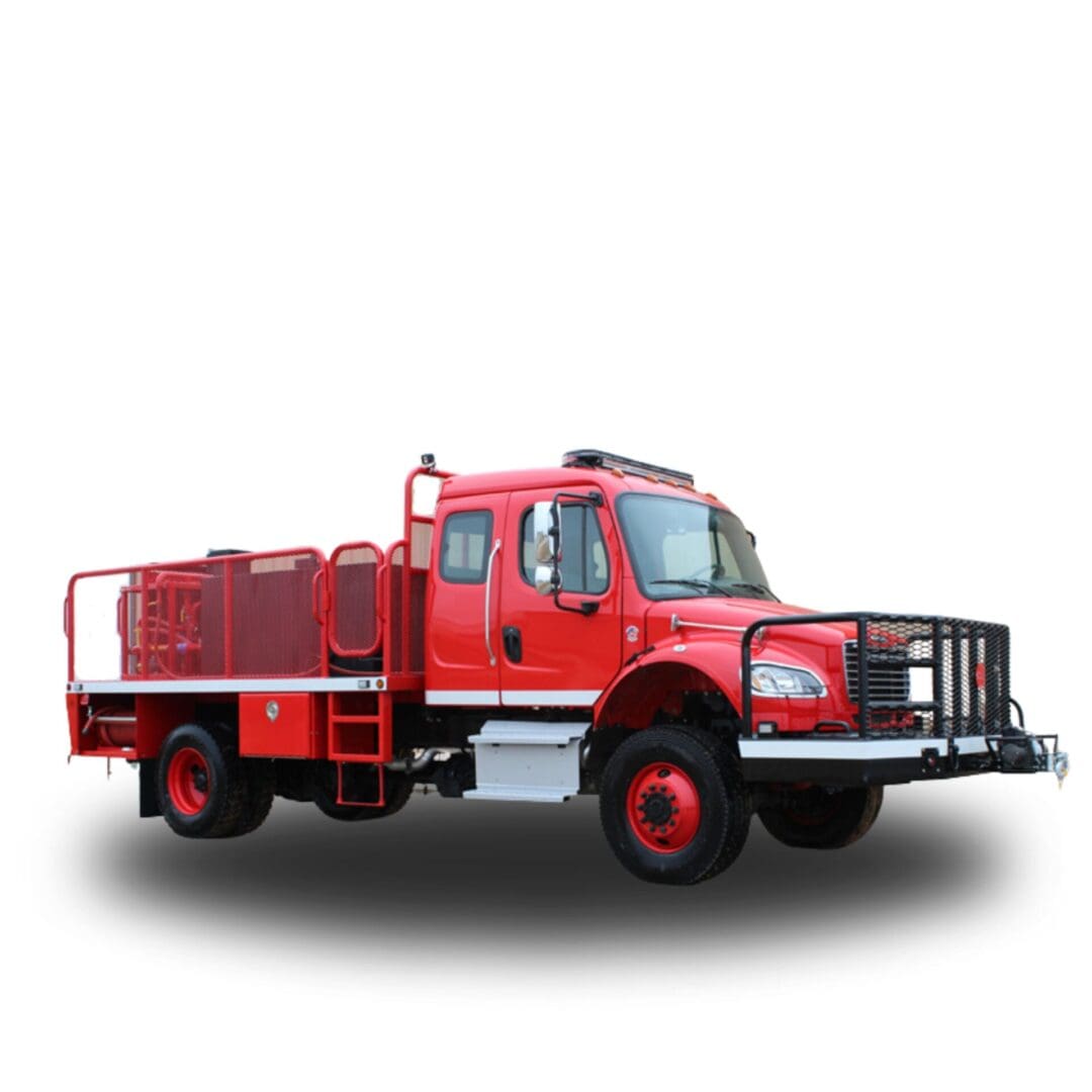 Red fire truck with a brush guard.