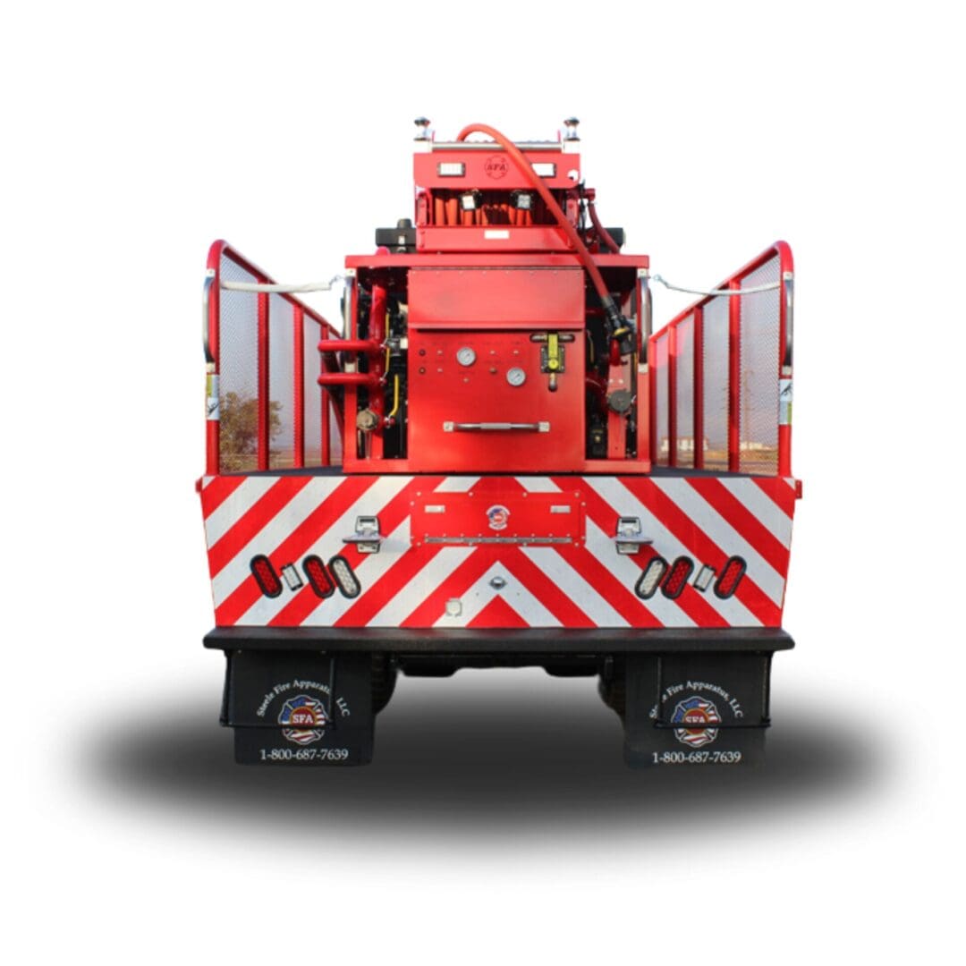 Red fire truck with chevron markings.