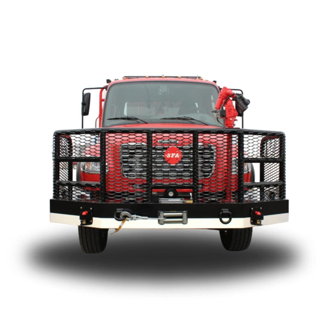 Red fire truck with a grill guard