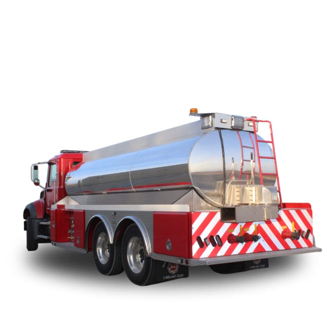 Red and silver tanker truck with white stripes.