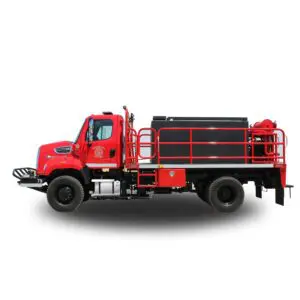 Red fire truck with black tank.