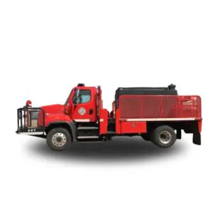 Red fire truck with black tank.