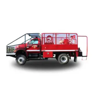 Red fire truck with caged bed.