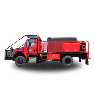 Red fire truck with a flatbed.