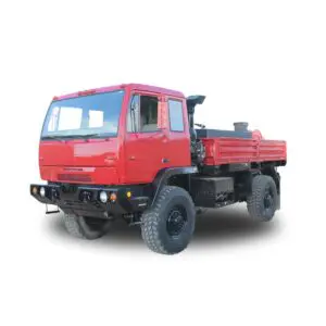 Red flatbed truck with black wheels.