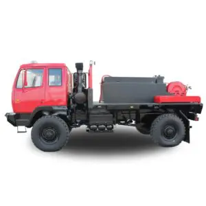 Red fire truck with black tank