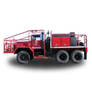 Red fire truck with a white cab.