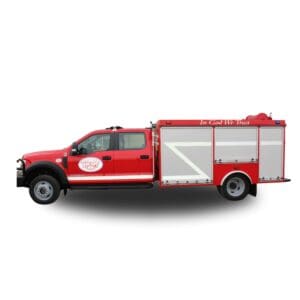 Red fire truck with closed compartments.