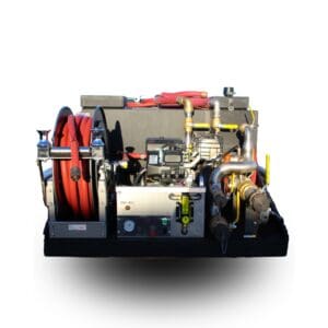 Fire hose reel with engine and controls.