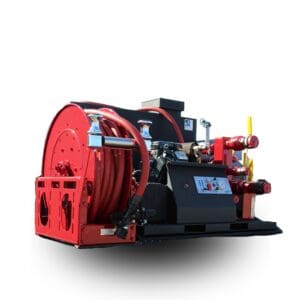 Red fire hose reel on a black frame.