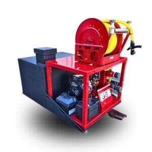 Red fire hose reel with engine and tank.