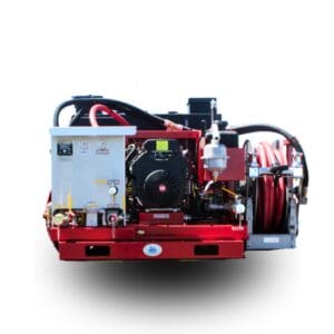 Red industrial power unit with hoses.