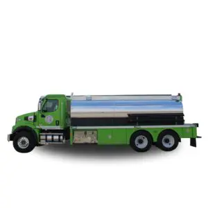 Green water tanker truck with silver tank.