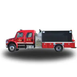 Red fire truck with E-1 markings.