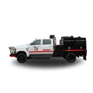 White fire truck with black tank.