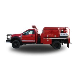 Red fire truck with water tank and hoses.