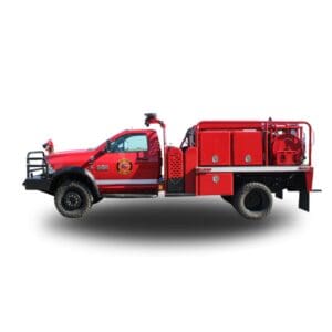 Red fire truck with hose reel.