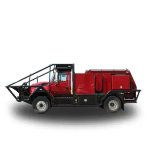 Red flatbed truck with black frame.