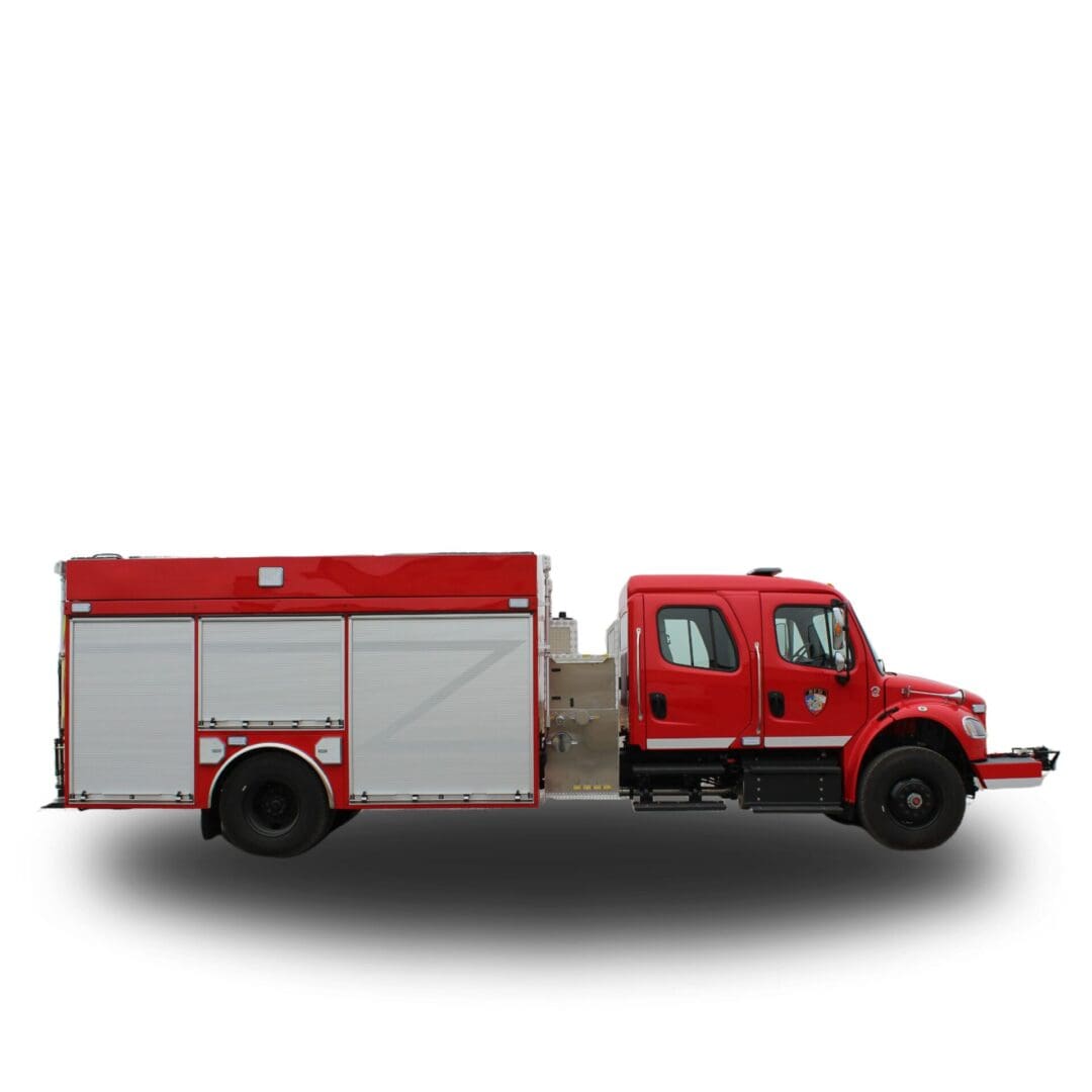 Red fire truck with closed doors.