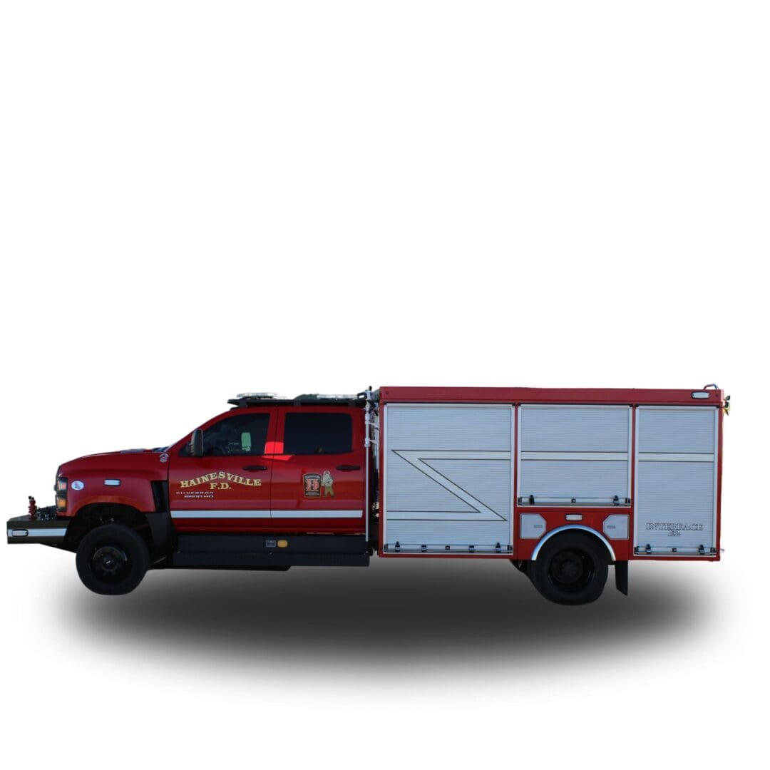 Red fire truck with closed compartments.