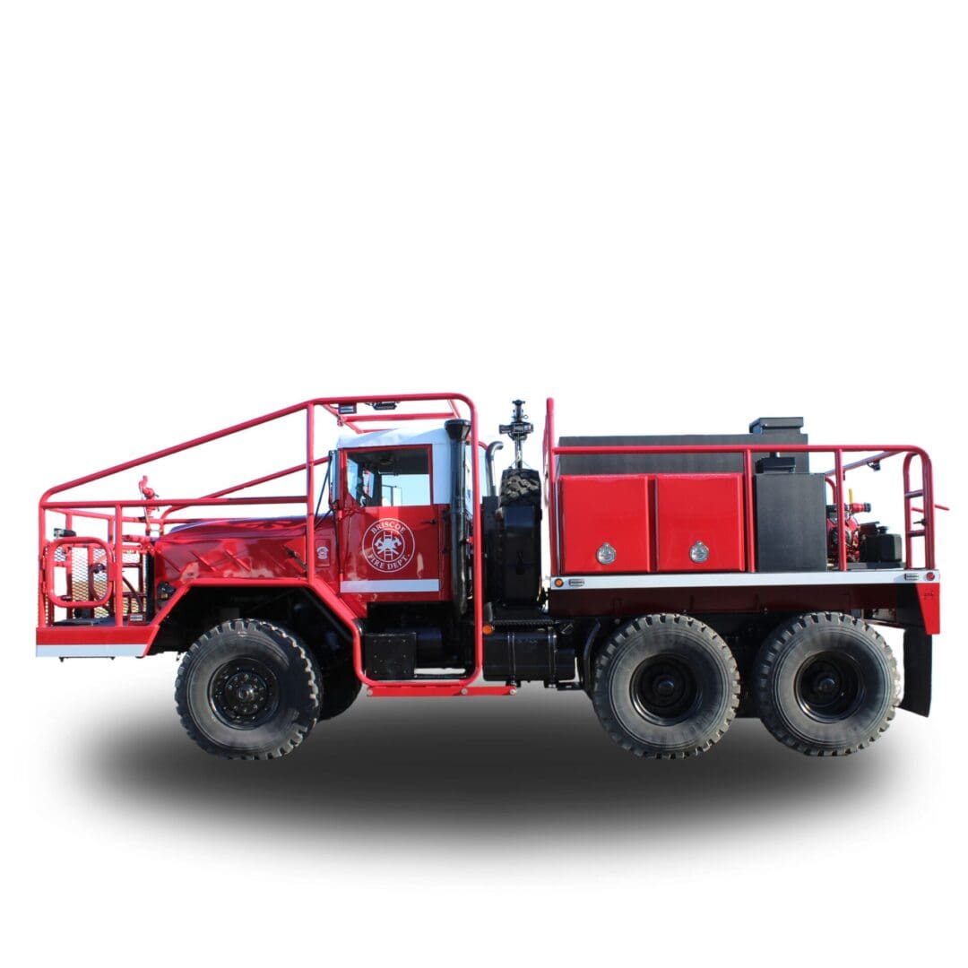 Red fire truck with a water tank.