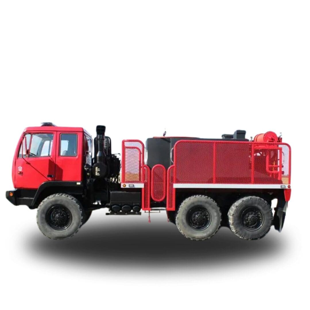 Red fire truck with large tires.