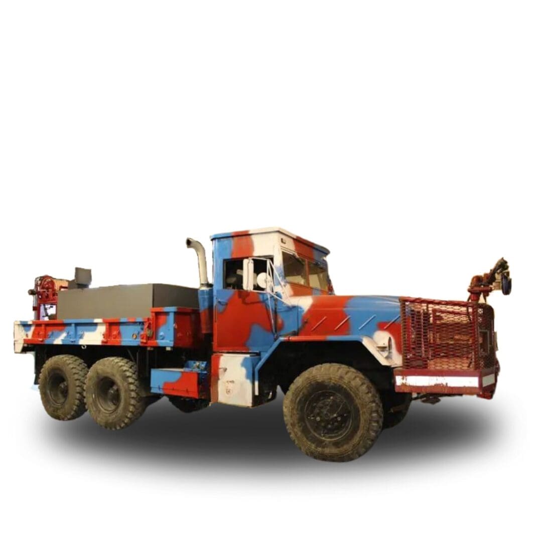 Red, white, and blue military truck.