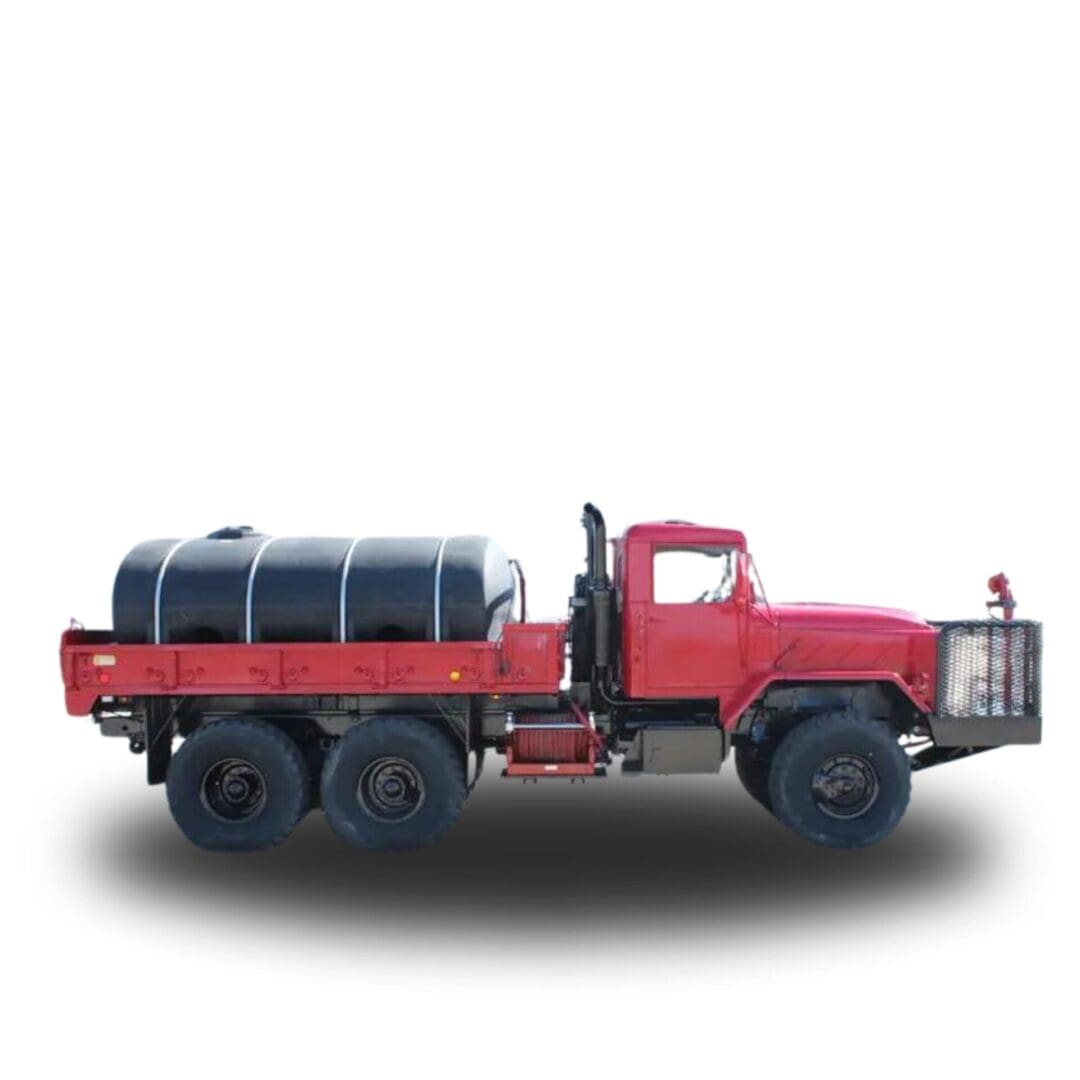 Red water truck with black tank.