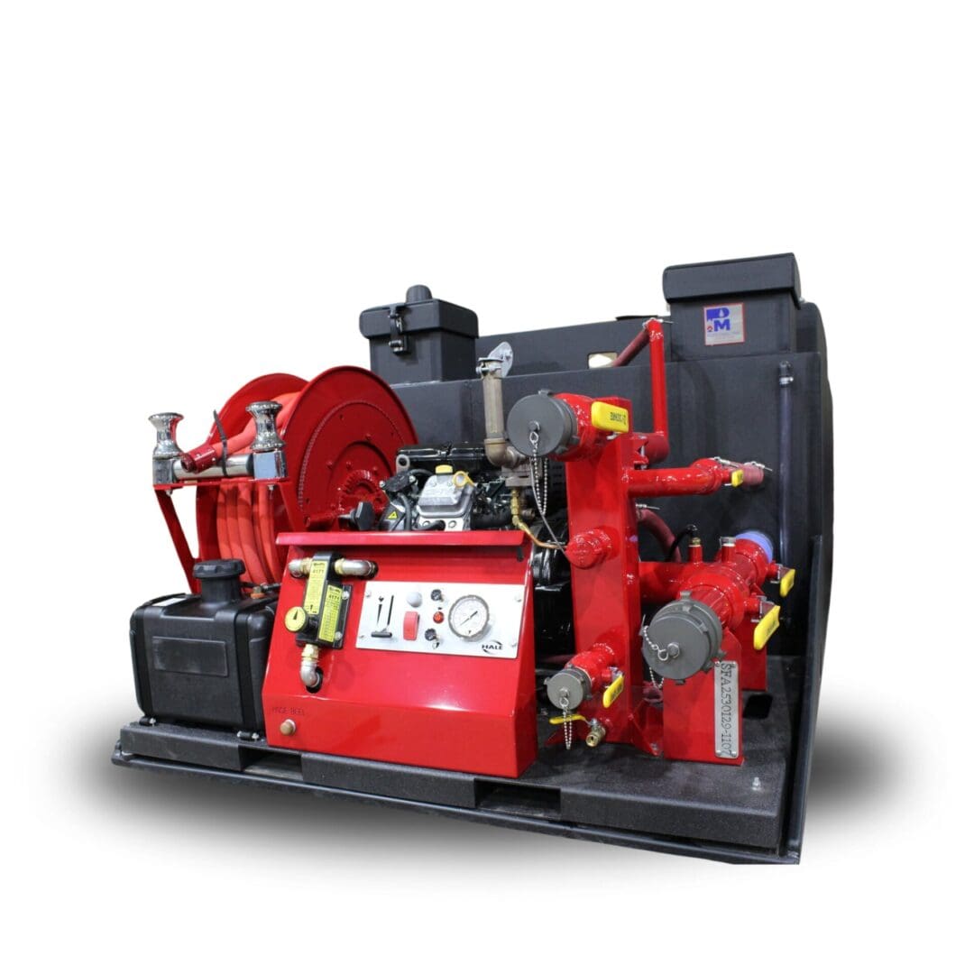 Red fire pump with hose reel and controls.